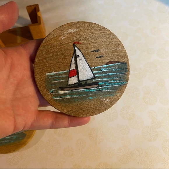 Vintage Coaster set hand painted Sail boats set of 4 with stand - Picture 4 of 9